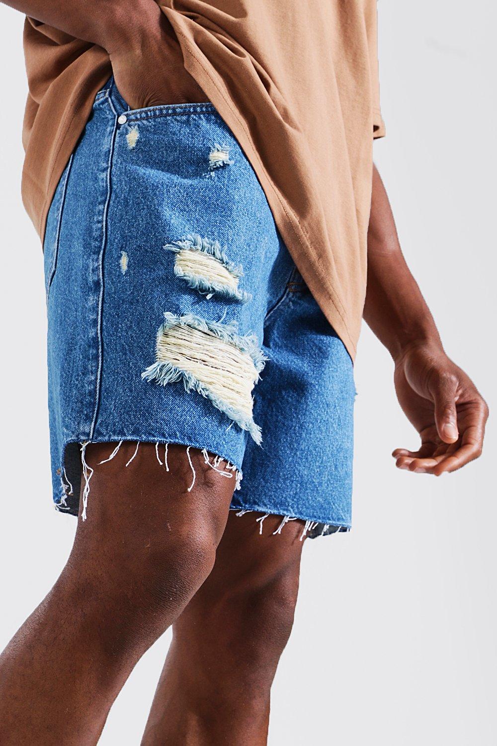 Relaxed Fit Multi Rip Denim Short boohoo